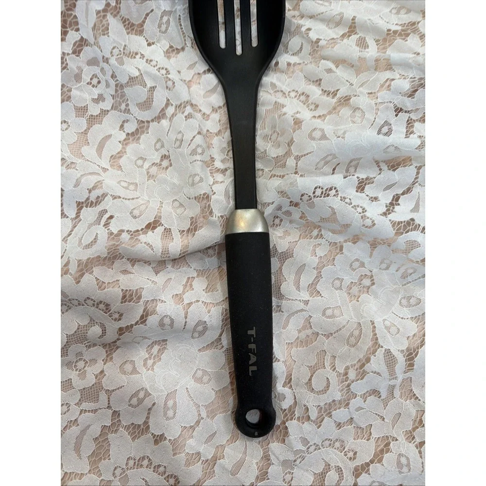 T-fal Plastic Slotted Serving Spoon w/ Rubber‎ Feeling Handle Black and Silver